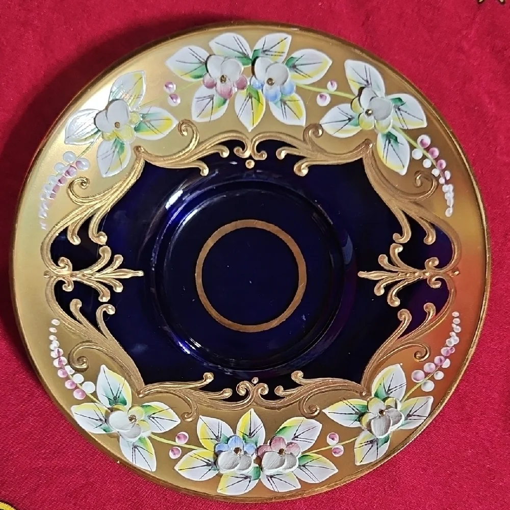 Vintage Bohemian Cobalt Blue Glass Tea Cup & Saucer Set 24K Gold High Enamel
